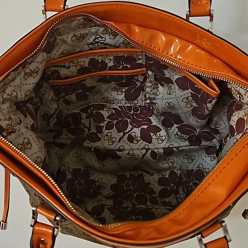 VTG GUESS 1990s Brown Orange Trim Logo Monogram Tote Bag